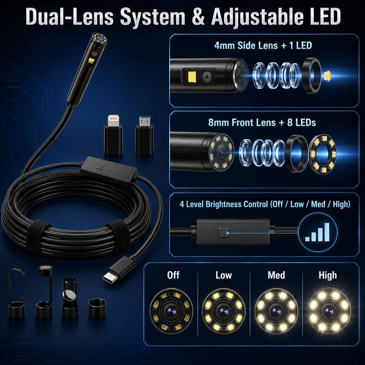Dual-Port HD Endoscope Camera for iPhone & Android