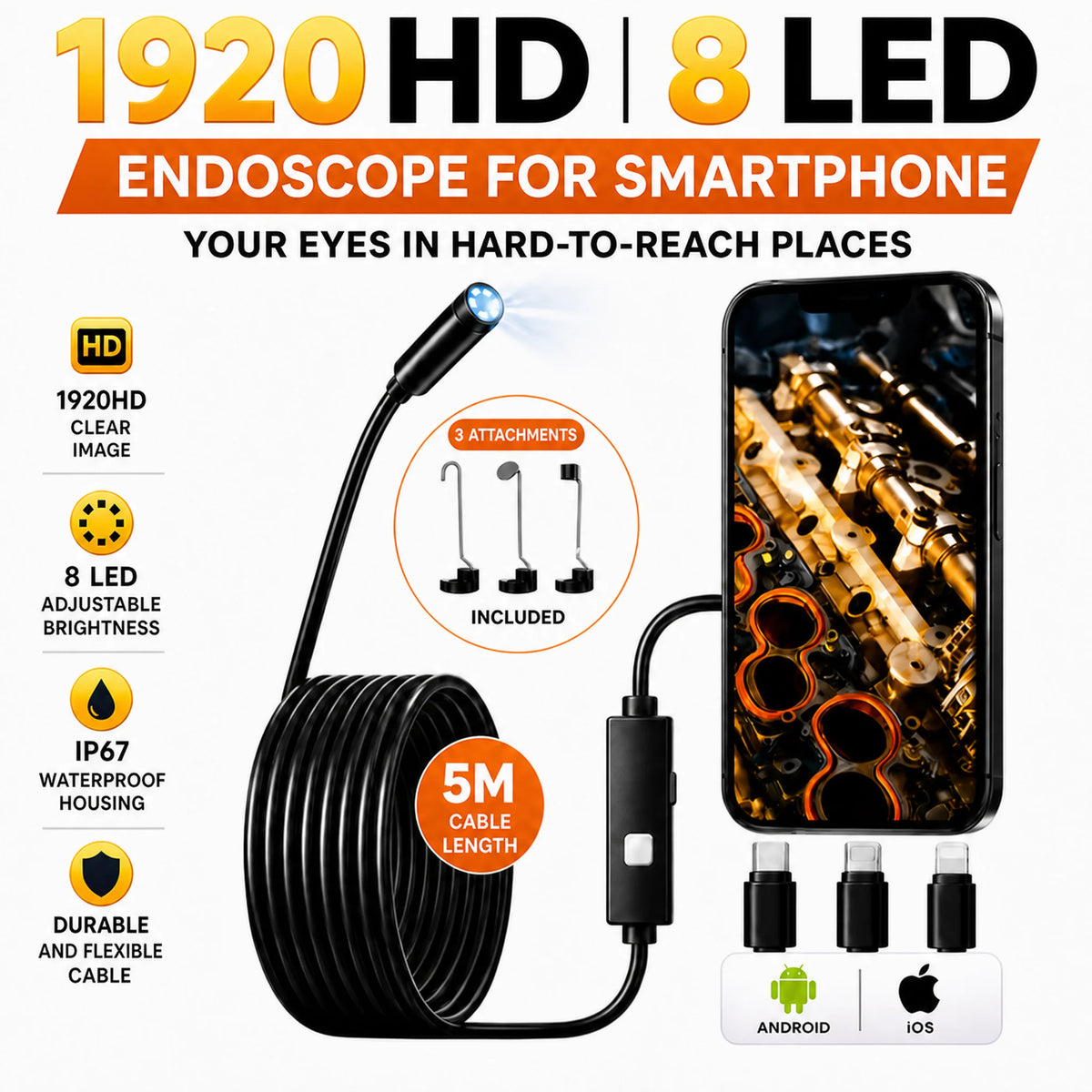 Dual-Port HD Endoscope Camera for iPhone & Android