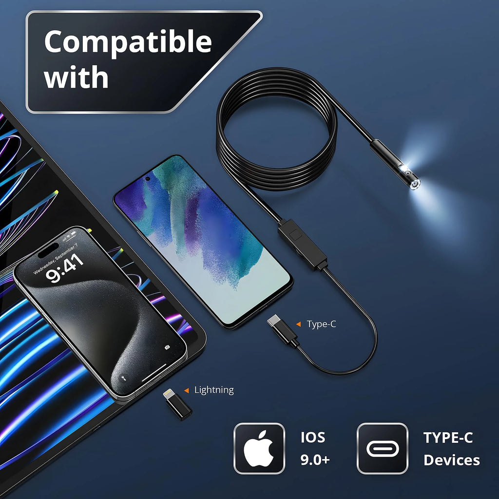 Dual Port Endoscope Camera For iPhone iOS Android 1920P HD 3-in-1 Borescope Waterproof Automotive Engine Sewer Inspection Tools
