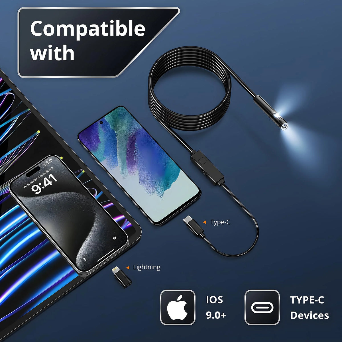 Dual Port Endoscope Camera For iPhone iOS Android 1920P HD 3-in-1 Borescope Waterproof Automotive Engine Sewer Inspection Tools