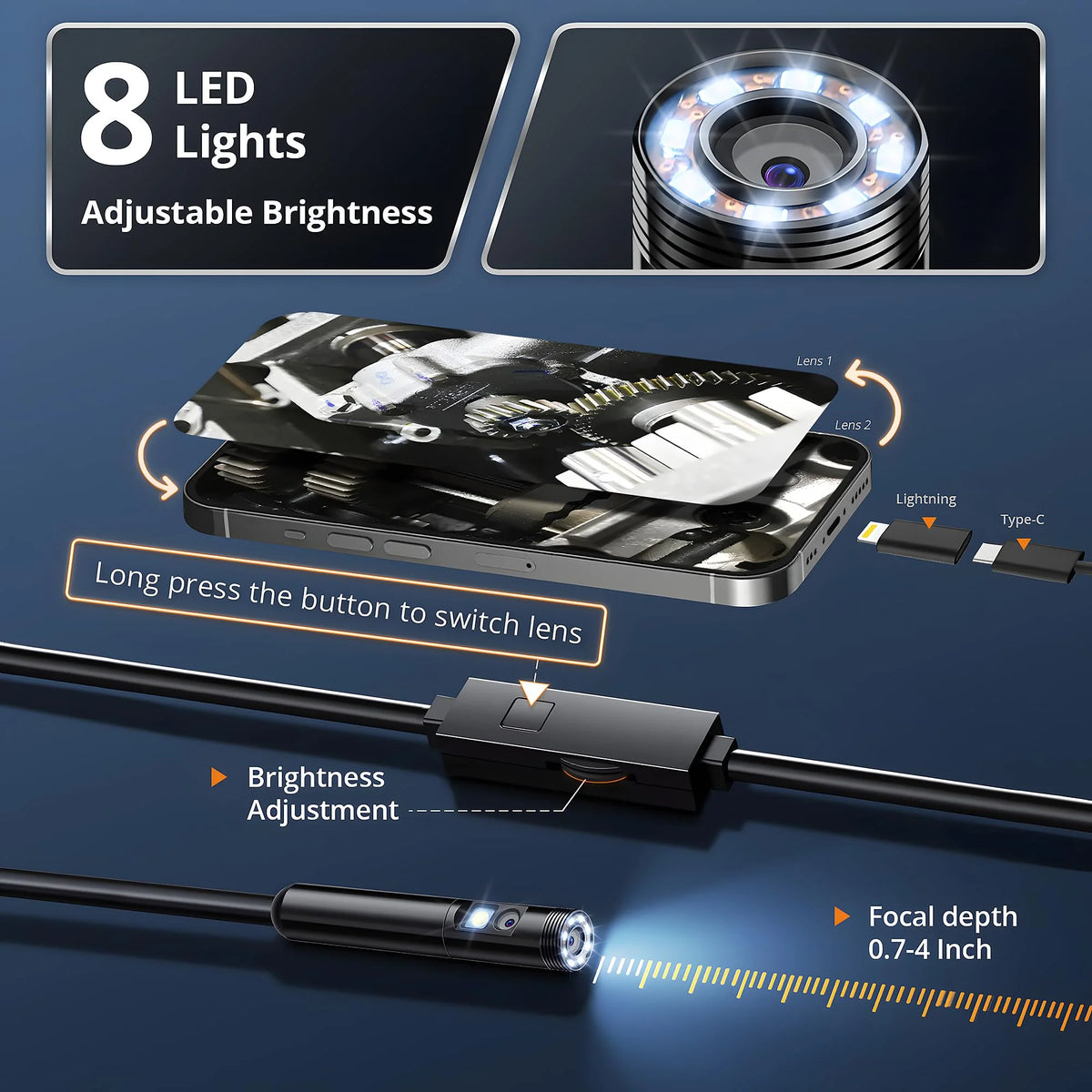 Dual-Port HD Endoscope Camera for iPhone & Android