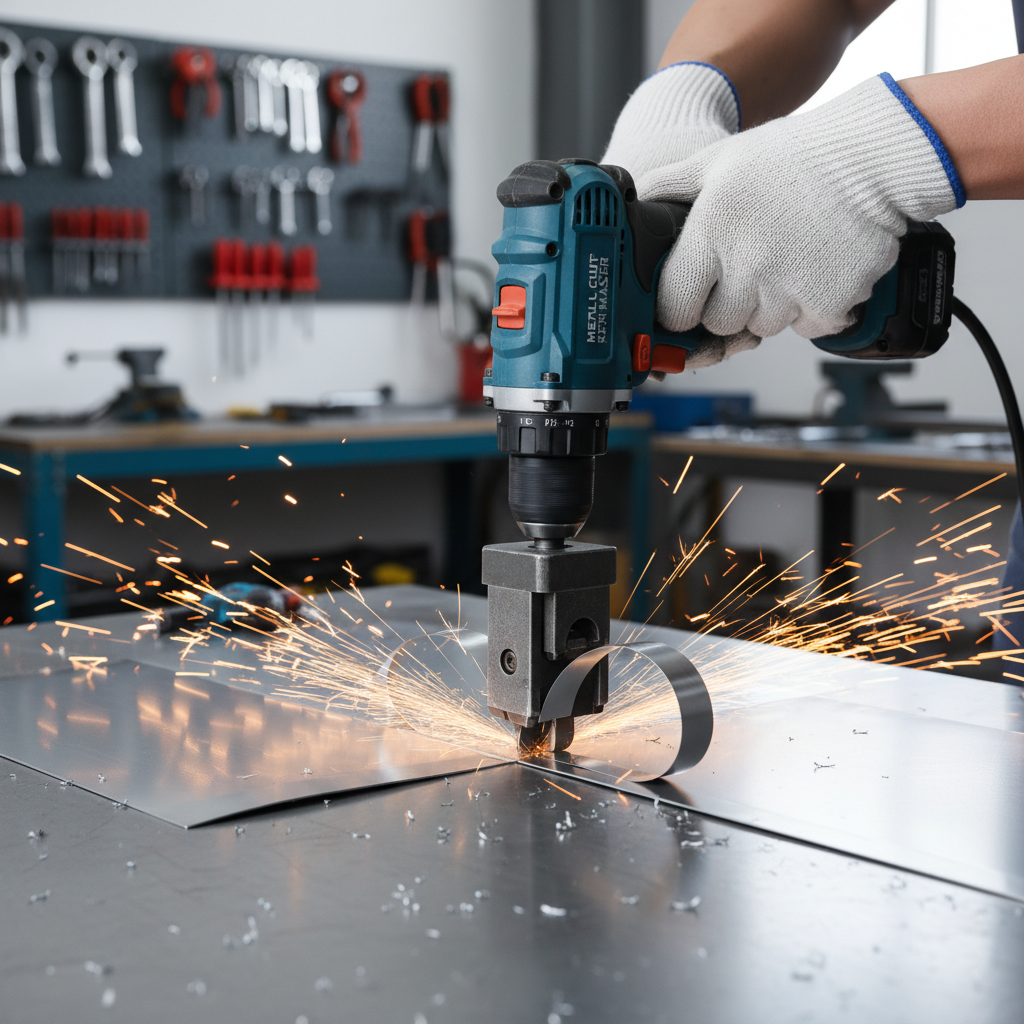 Double-head sheet metal cutter drill attachment cutting through metal sheet