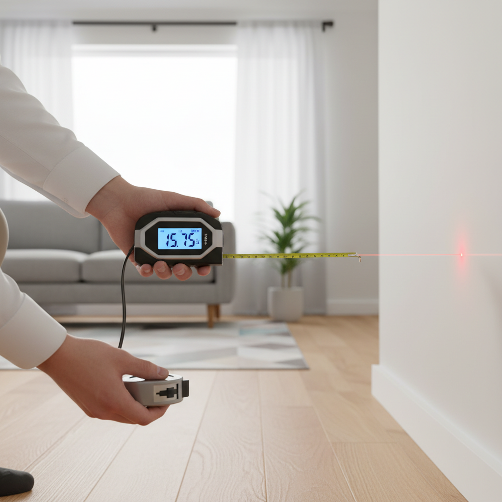 2-in-1 Laser Tape Measure being used to measure a room interior