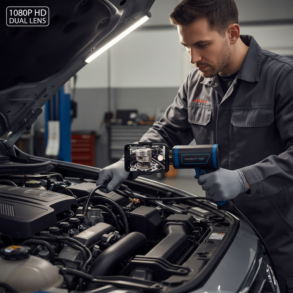 Dual-port HD endoscope camera being used to inspect a car engine on a smartphone